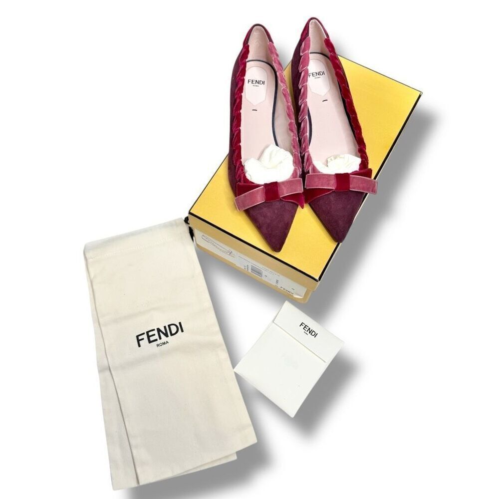 Fendi Burgundy Suede Velvet Ribbon Stitch Bow Pointed Toe Ballet Flats Size 38 - Picture 10 of 11